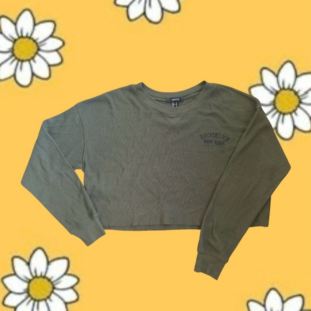 Military Olive green waffle knit cropped long sleeve Top Brooklyn New York